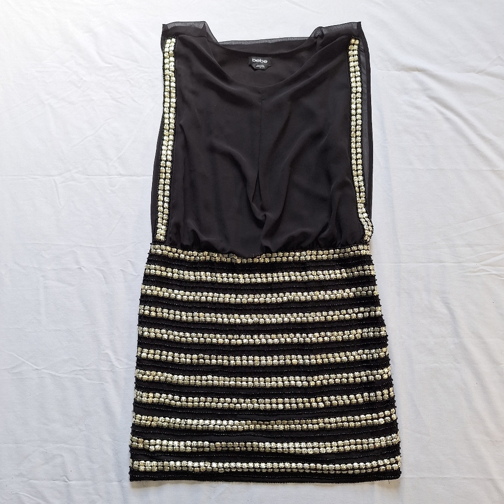Bebe Black Beaded Metallic Gold Sleeveless Dress, 8